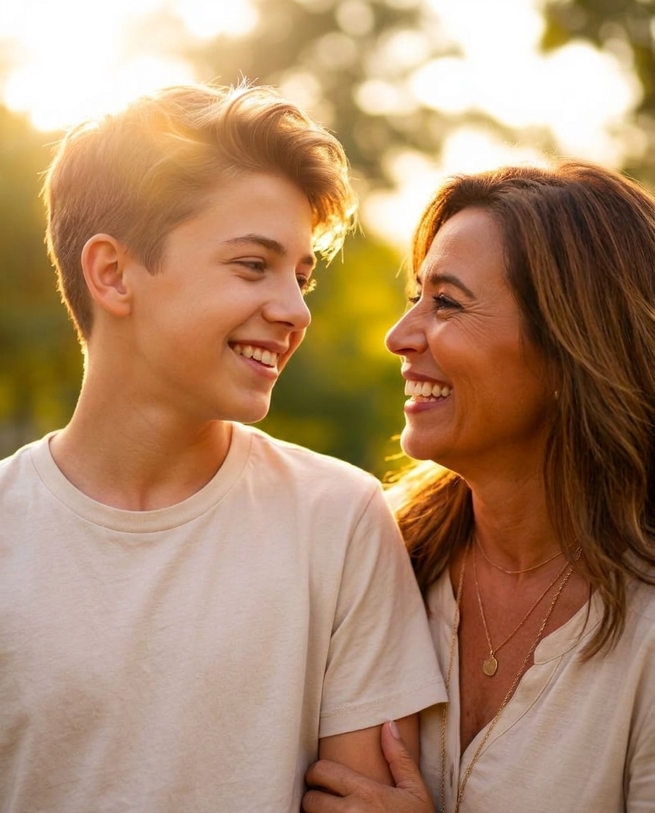 Madre e hijo adolescente sonriendo al aire libre